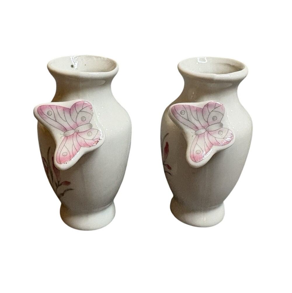 Vintage Emson Mini Porcelain Vases Pair Butterfly Floral Taiwan R.O.C.